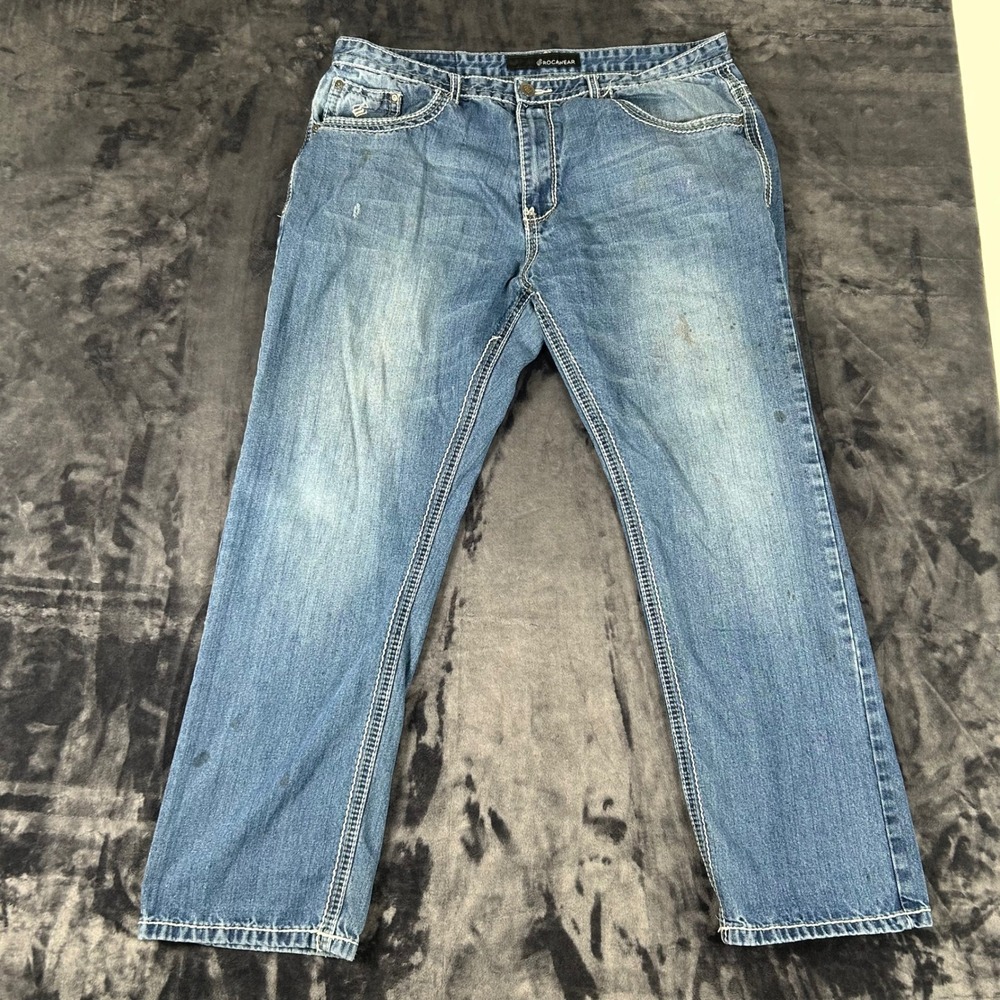 Rocawear Jeans Mens 38x32 Blue Thick Contrast Stitch Straight Leg Streetwear
